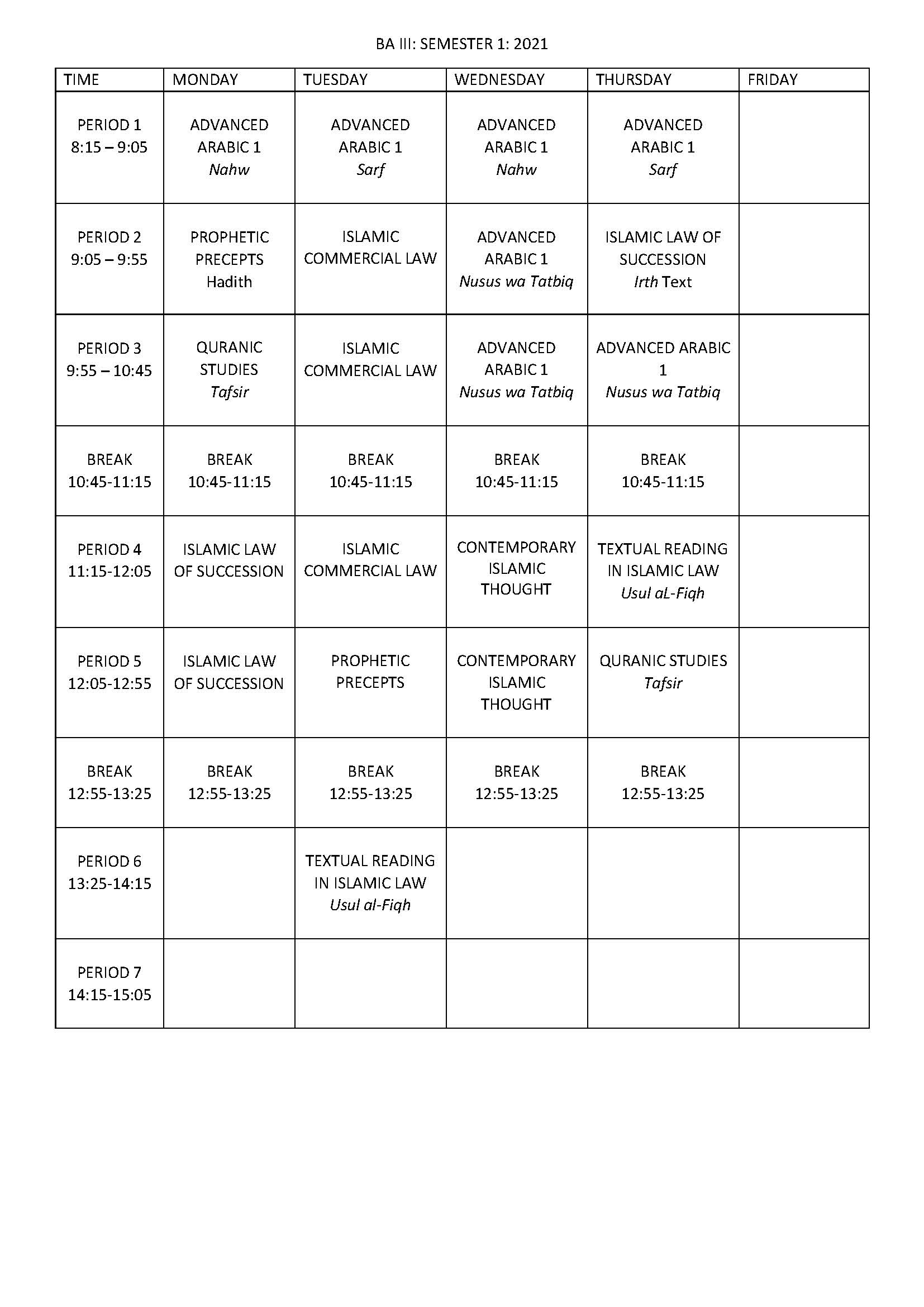 BA III Timetable Semester 1 2021